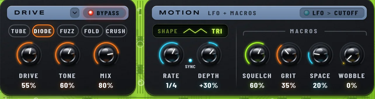 AcidBeast — Drive, LFO + macros
