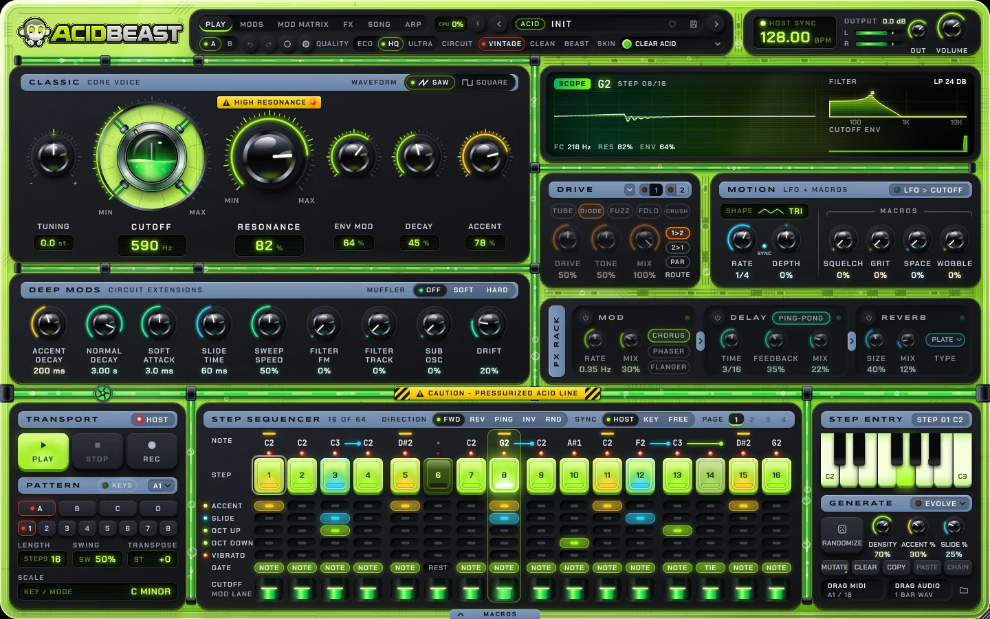 AcidBeast PLAY page in the Clear Acid skin: classic voice, scope, drive, motion, FX rack and the 16-step sequencer