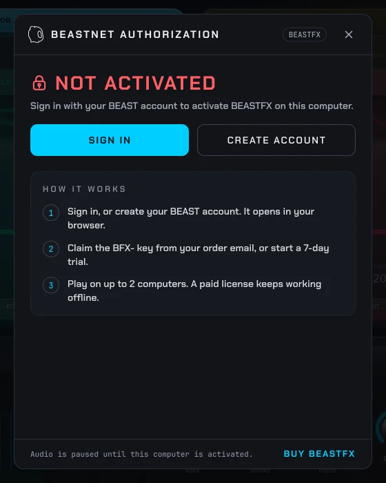 BEASTNET authorization panel in BeastFX: sign in, create account and how it works