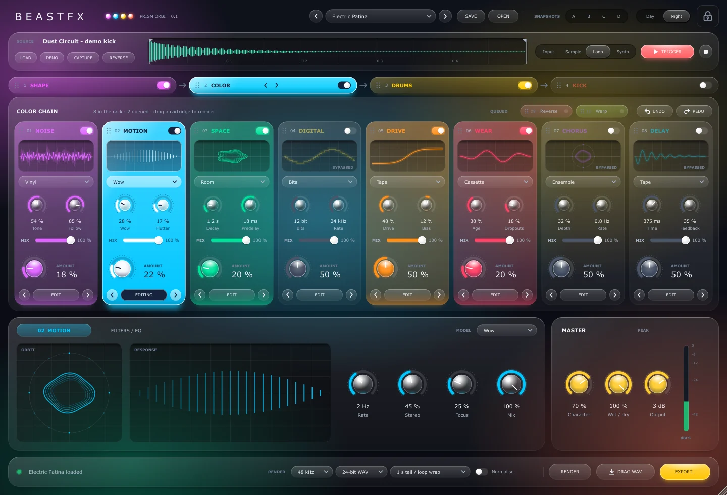 BeastFX in the Night theme: the Color engine with eight cartridges, the Motion editor and the master section