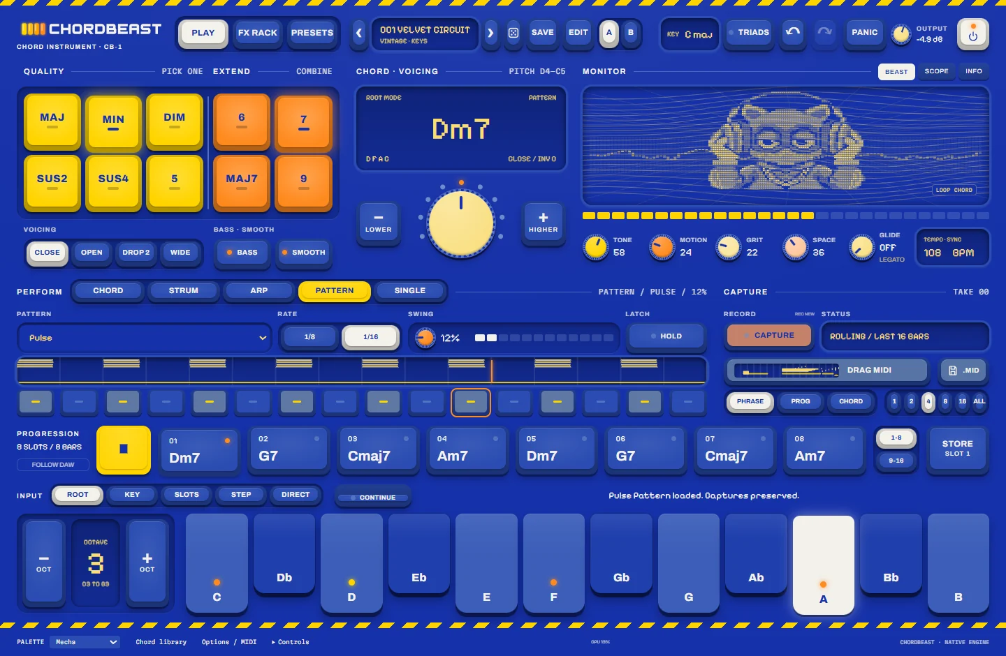 ChordBeast — Pattern mode while the progression plays · Mecha