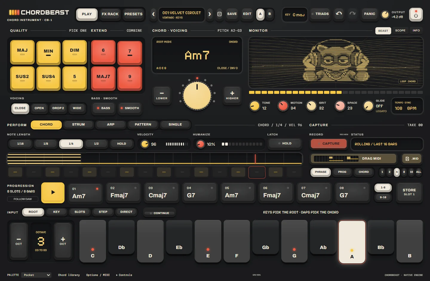 ChordBeast in the Pocket palette playing A minor 7: chord caps, chord display, monitor, perform modes, capture, progression slots and the one-octave keybed
