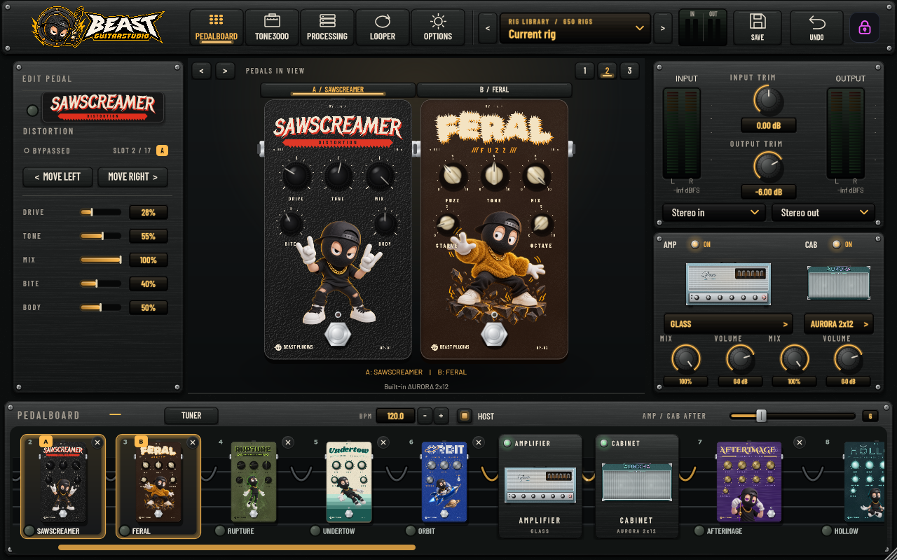 BeastGuitarStudio pedalboard with Sawscreamer and Feral in view