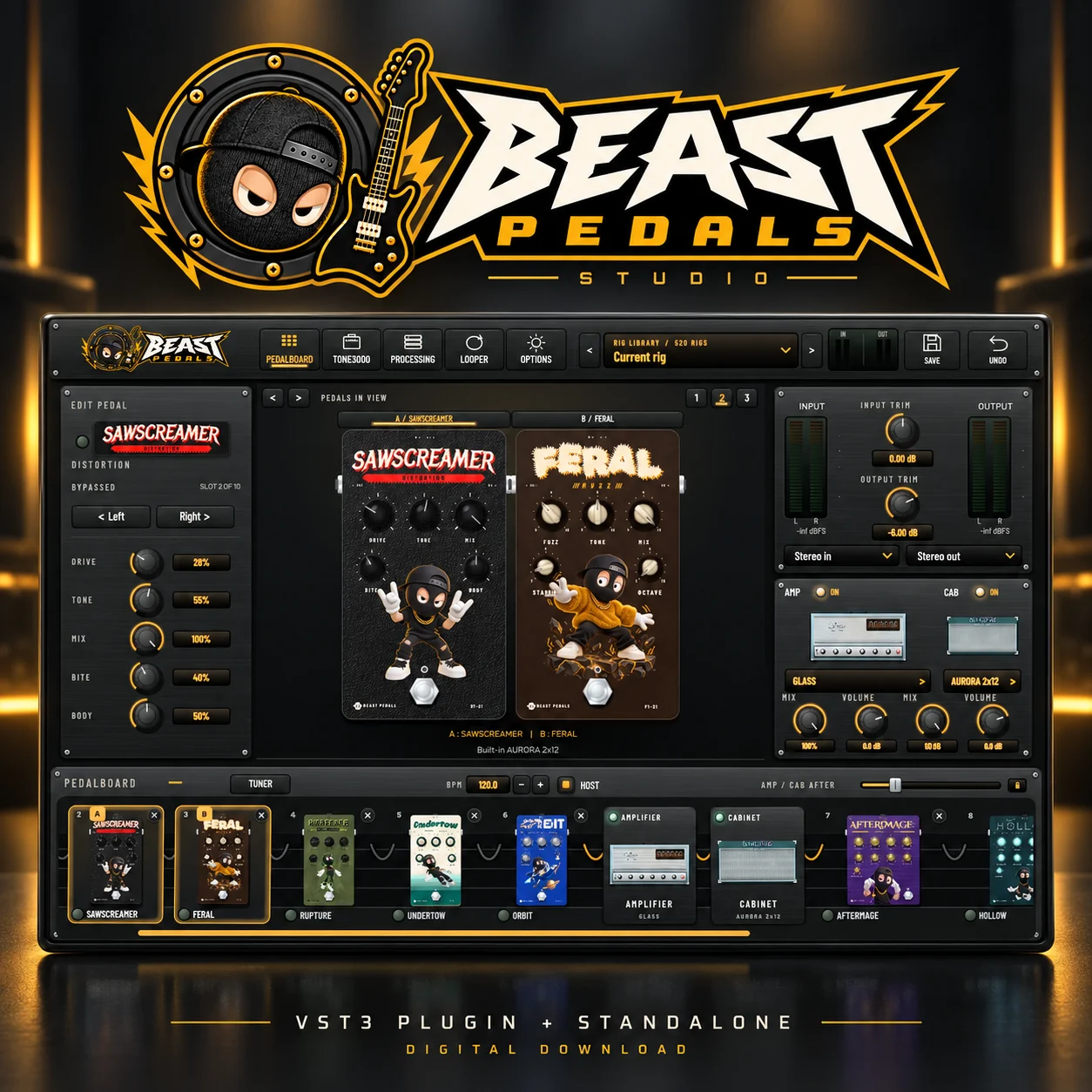 Beast Pedals logo above the plugin interface, presented as a digital VST3 and standalone software product.