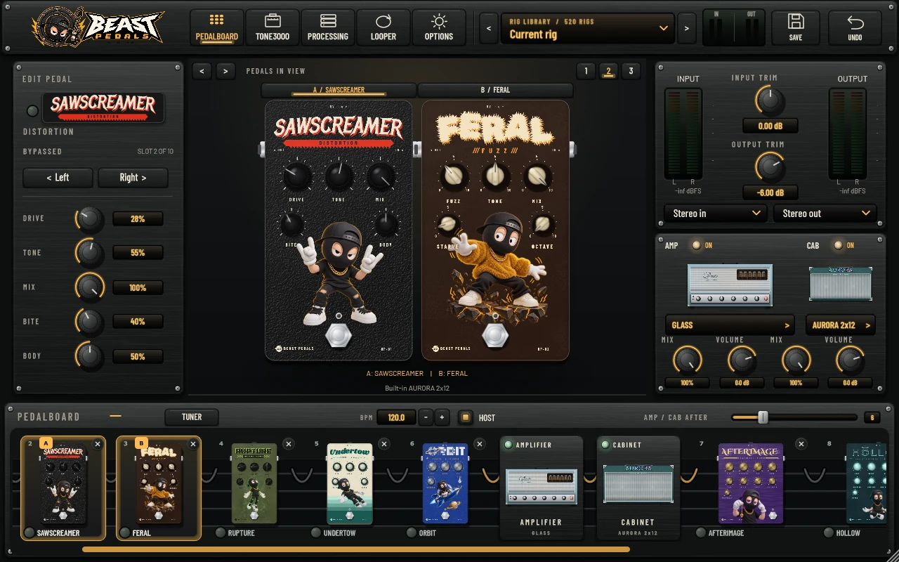 Beast Pedals pedalboard displaying Sawscreamer distortion and Feral fuzz with the GLASS amp and AURORA cabinet.