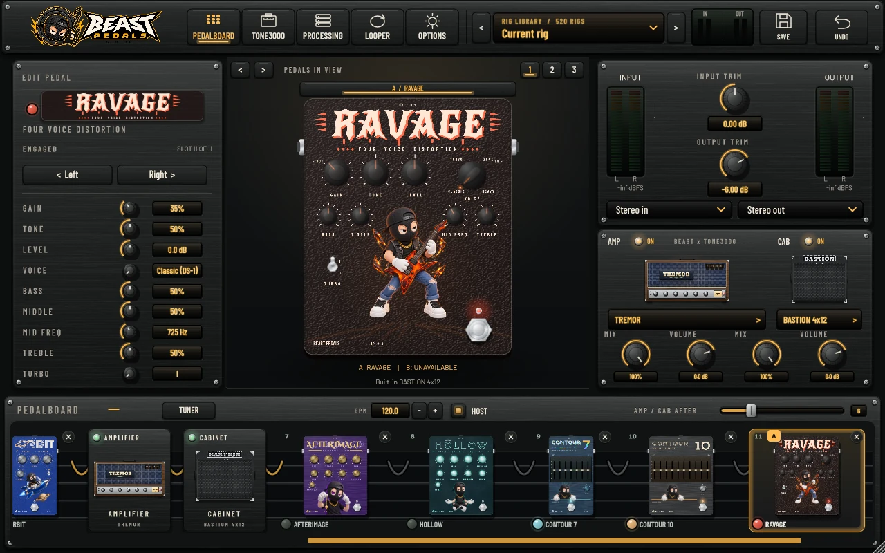 Ravage distortion pedal and its controls inside the Beast Pedals interface.