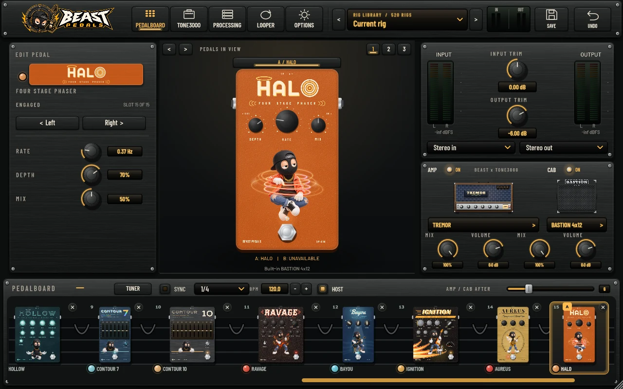 Halo phaser pedal and its controls inside the Beast Pedals interface.
