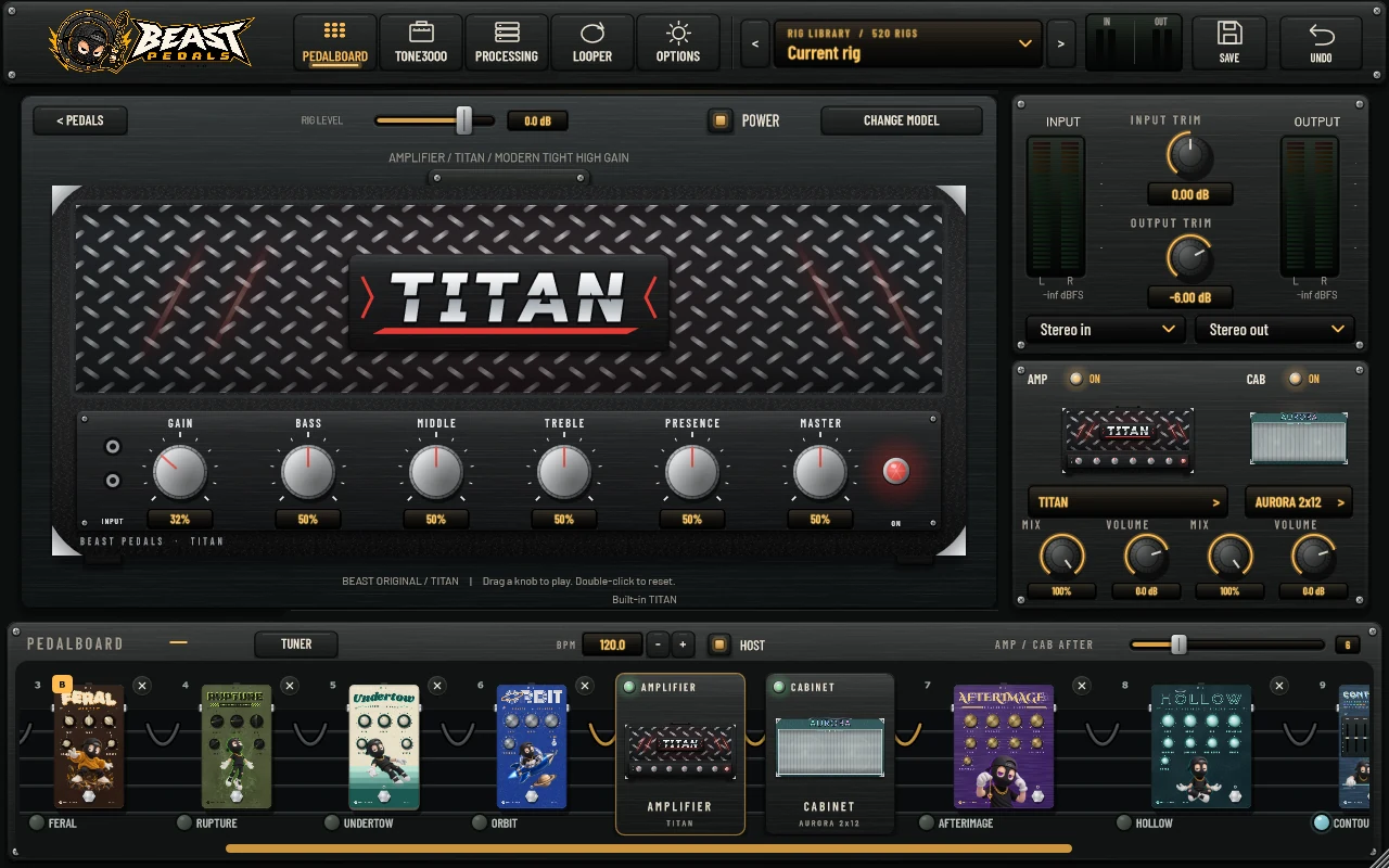 TITAN built-in amplifier with gain, tone and master controls in Beast Pedals.