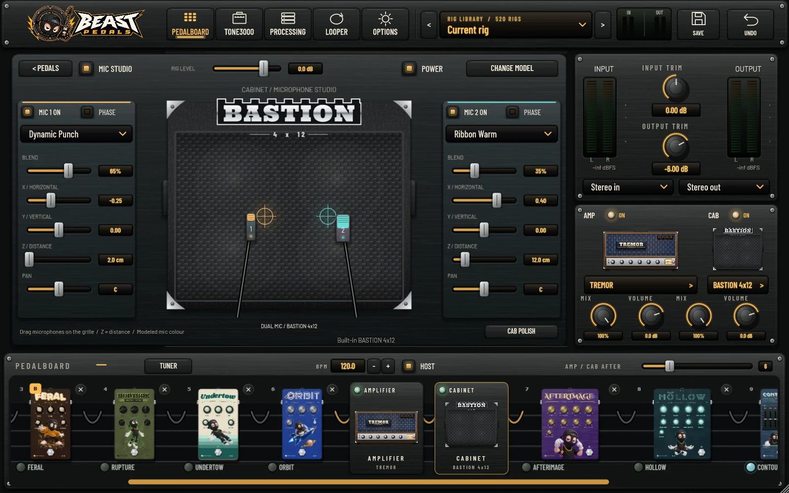 Beast Pedals cabinet studio with two adjustable microphone positions and blending controls.
