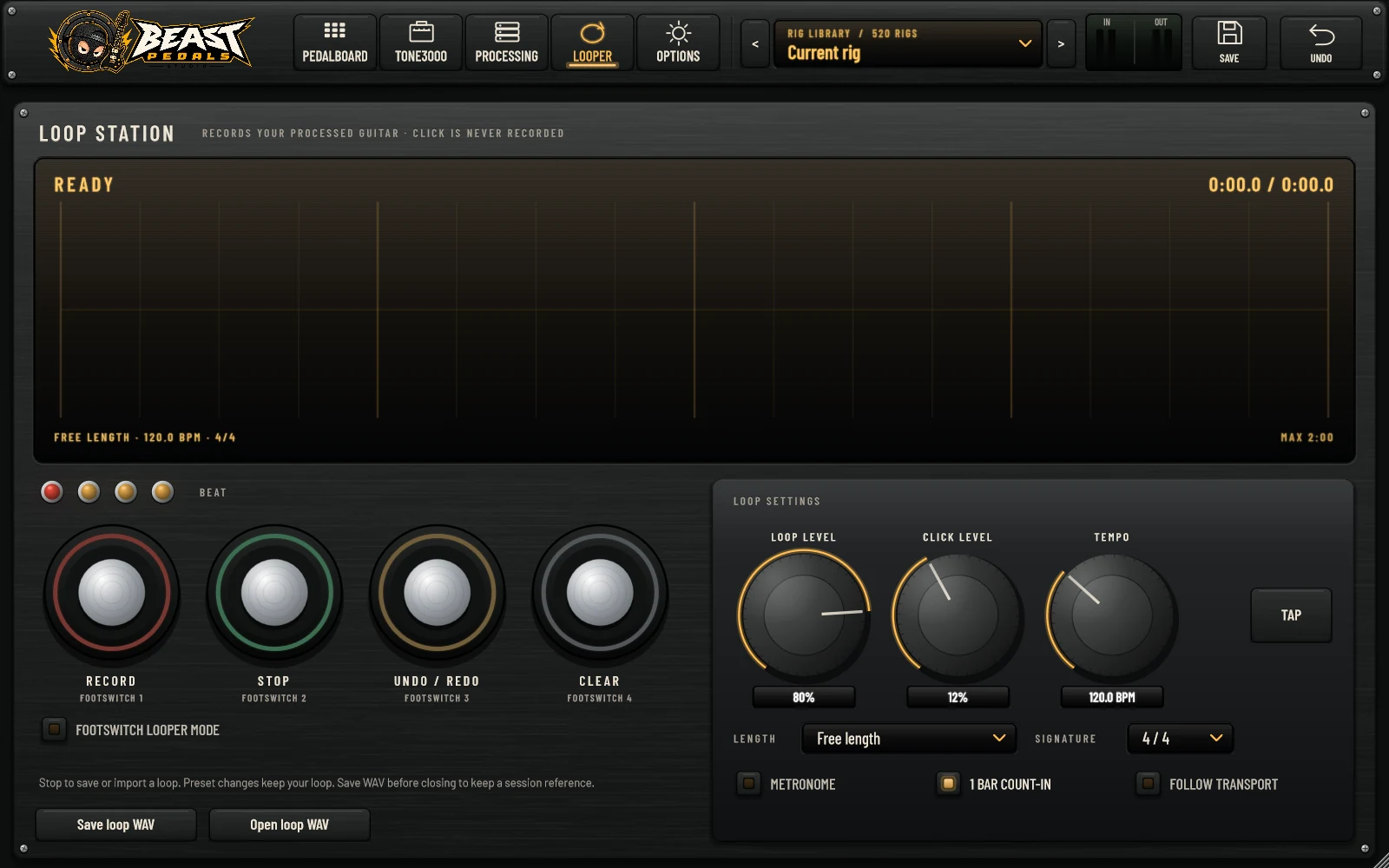 Beast Pedals looper workspace with recording, playback, overdub and tempo controls.