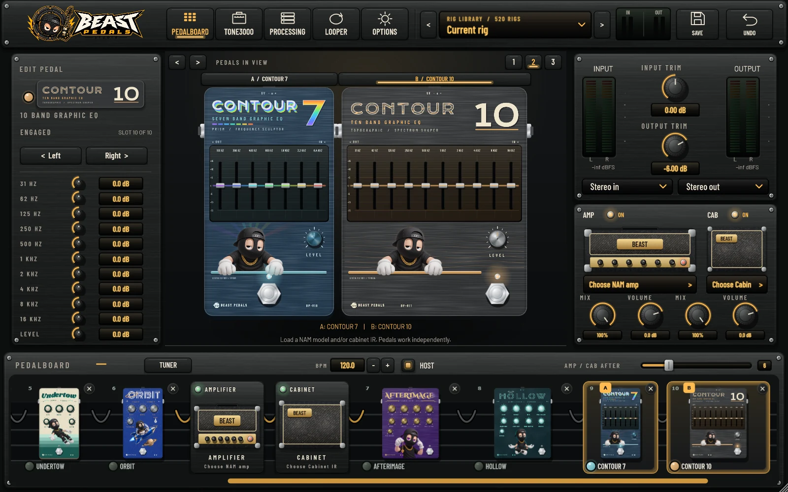 Contour 10 graphic equalizer inside the Beast Pedals pedalboard.